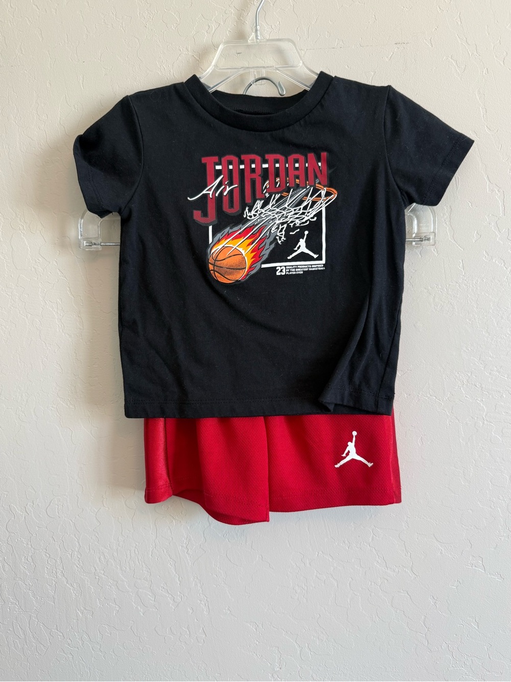 Jordan Black Graphic Tee with Red Basketball Shorts #P272